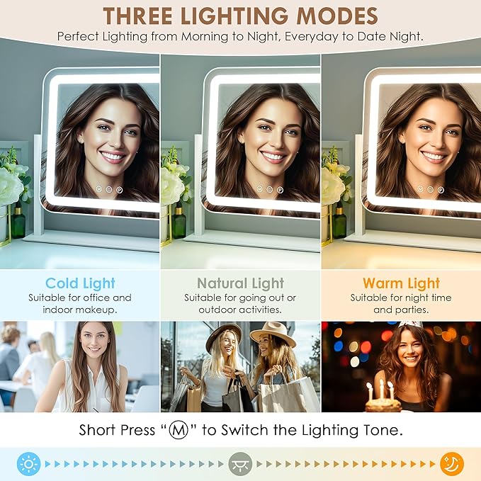 Lighted Makeup Mirror,18" x 14" Led Vanity Mirror with with 3 Color Modes & Adjustable Brightness,Smart Touch Control,360 Degree Rotation,for Dressing Room & Bedroom,AC-Powered, Metal Frame Design