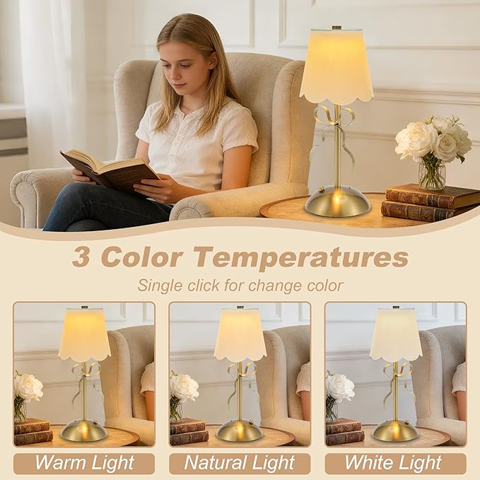 Cordless Table Lamp,Rechargeable LED Desk Lamp,Small Bedside Lamps with Touch & 3 Color,Cute Room Decor Bow Lamp,Night Light for Girls' Room Princess Room (Gold)