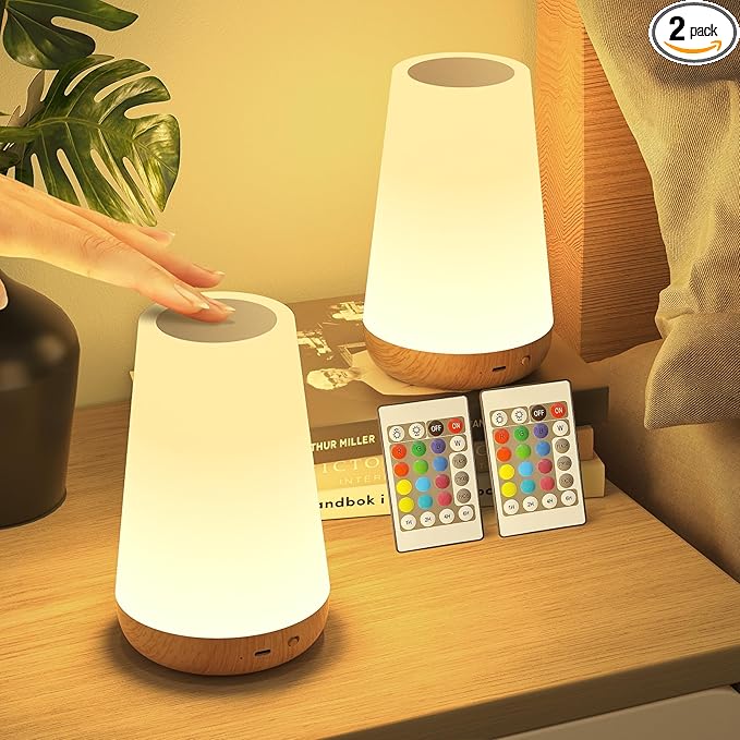 Night Light for Kids Set of 2, Rechargeable Lamp for Nursery with Timer & Memory, Dimmable Touch Lamp with Remote, Warm Night Lamp with 5 Brightness & 13 RGB Color for Baby Adult Gift