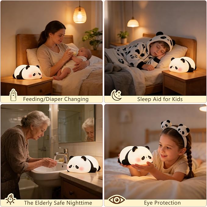Cute Panda Night Light for Kids, LED Panda Lamp, Food Grade Silicone Novelty Animal Night Lamp,Dimmable Nursery Squishy Nightlight, Cool Gifts for Kids, Office Desk/Baby Boys/Girls Room Decor