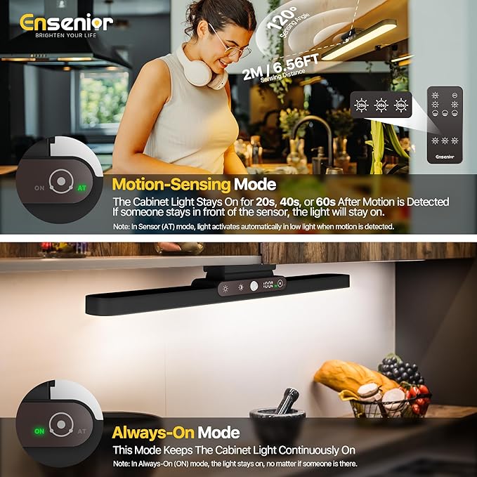 Ensenior Light Bar, 14 inch Rechargeable Under Cabinet Motion Sensor Lighting with Stepless Dimming Magnetic 3CCT Remote 2000mAh, Motion Sensor Light Indoor for Kitchen, Vanity Mirror, Closet, 2 Pack
