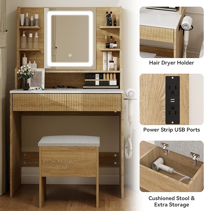 YOURLITE Fluted Makeup Vanity Desk with Mirror and Lights, 31.5" Small Vanity Table Set with LED Mirror & Stool, Dressing Table for Bedroom