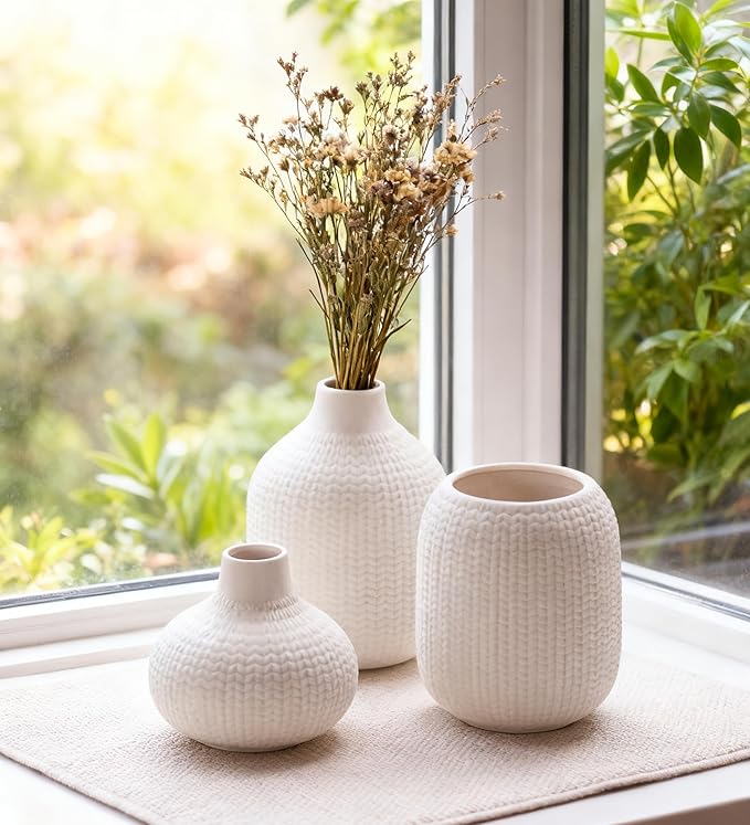 White Ceramic Vases for Decor, Weave Style Modern Minimalist Decorative Vase Set of 3 for Table Shelf, Bookshelf Decoration