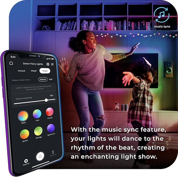 Globe Electric 50597 Wi-Fi Smart Multicolor Changing RGB LED Music Sync Plug-in Fairy Lights, No Hub Required, Voice Activated, 10 Meters/32.8 Feet, IP65 Rated, Indoor, Outdoor