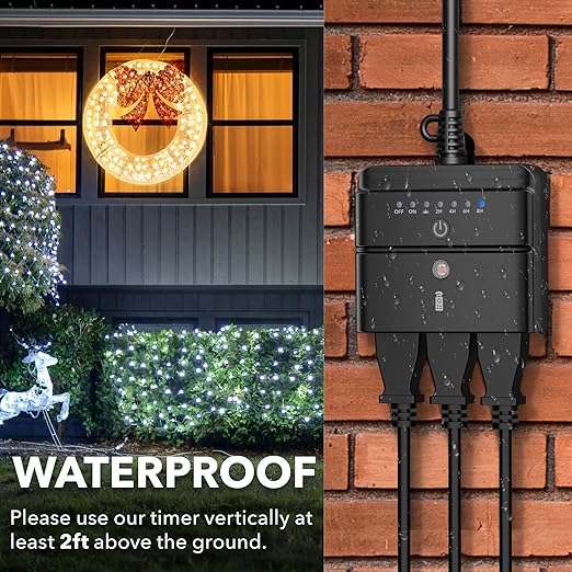 BN-LINK Outdoor Timer Outlet, Dusk-to-Dawn & Remote Control (100ft) - Waterproof 3-Grounded Outlets, 15A ETL Listed for Outdoor String Lights & Appliances