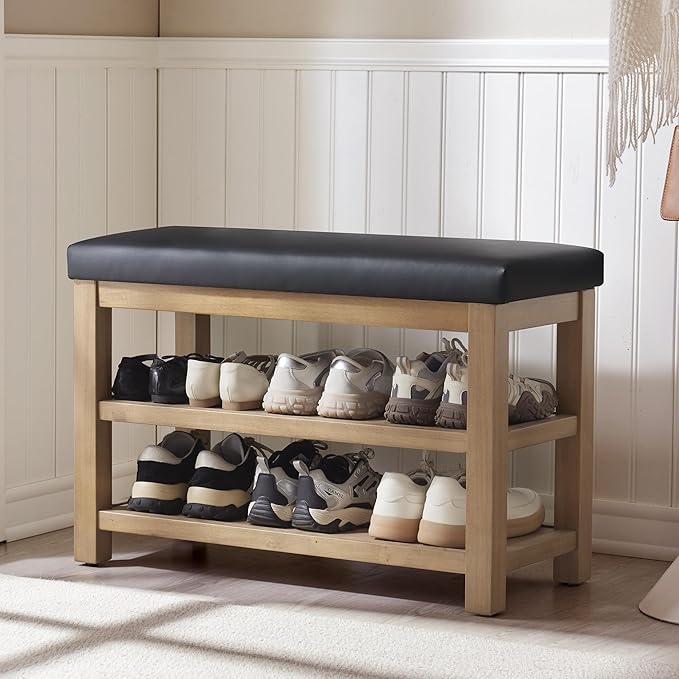 Shoe Rack Bench with Leather Cushion, 2 Tier Solid Wood Storage Bench, Mid-Century Modern Shoe Bench for Entryway, Hallway, Closet, Front Door Entrance, Foyer (Black, 31.5)
