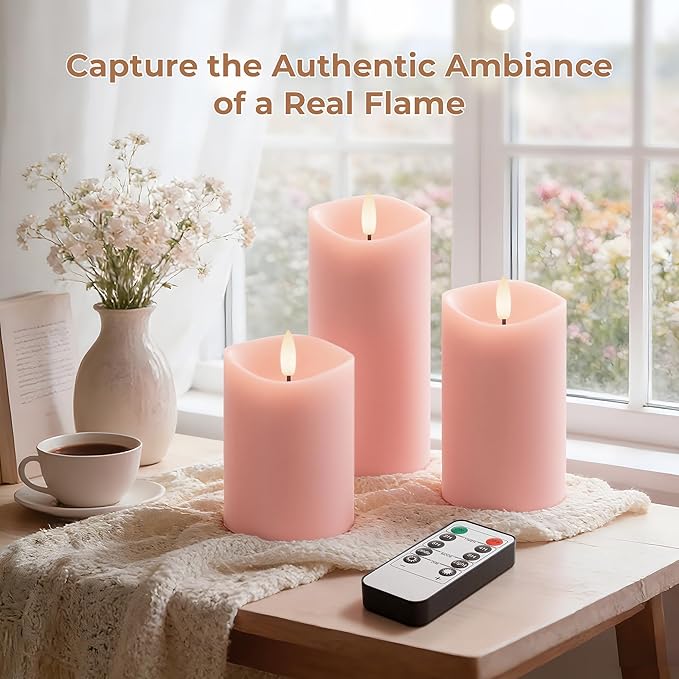 Pink Flameless Candles with Remote and Timer, Real Wax Made LED Pillar Candles Battery Operated with 3D Flickering Flame Melted Edge, 3" x 4",5",6", Set of 3 (Pastel Pink)