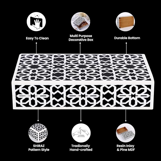 Handicrafts Home Decorative Storage Box with Lid, Black White Moorish Rosette Pattern Remote Holder Box, Persian Geometric Coffee Table Storage Organizer for Living Room Decor, Shiraz 10 x 6 x 2.5