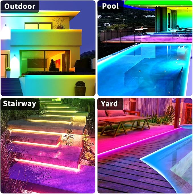 300Ft Outdoor LED Strip Light Waterproof,Music Sync RGB IP68 Led Lights with App/Remote Control,Color Changing Waterproof Exterior Rope Self Adhesive Back,Balcony,Garden（2 Rolls of 150ft）