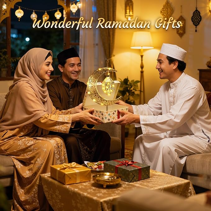 Lewondr Ramadan Moon Lamp, Crescent Moon with Ramadan Lantern, Battery Powered Gold Desk Lamp Decorations Crescent Table Light Bedside Night Stand Desktop Living Room Home Decor, Eid Mubarak Decor