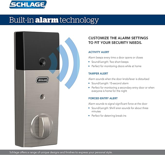 SCHLAGE BE469ZP CEN 619 Connect Smart Deadbolt With Alarm Inbuilt Century Trim In Satin Nickel