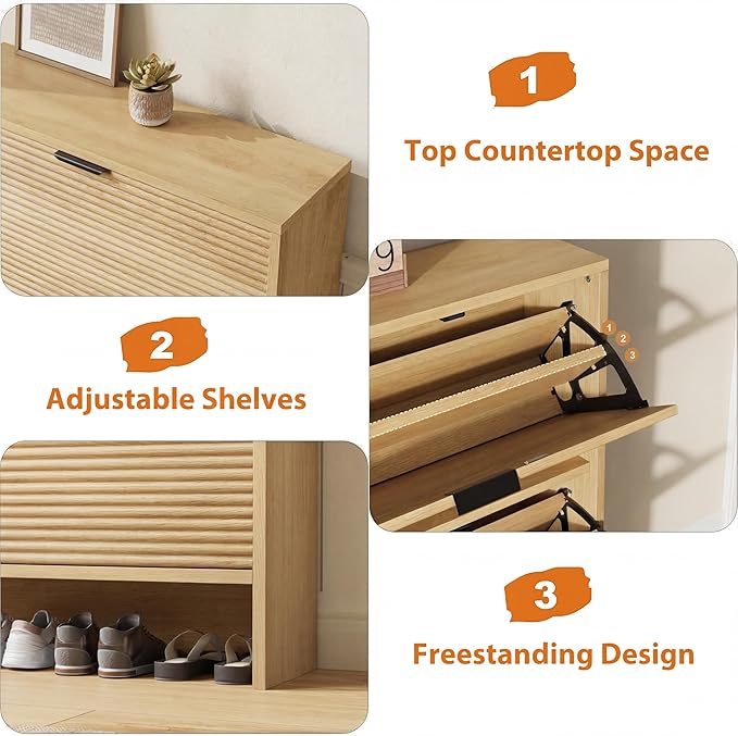 Garvee Shoe Storage Cabinet for Entryway, Fluted Shoe Cabinet with 3 Flip Drawers Doors, 32" Wide Hidden Shoe Rack Tall Freestanding Shoe Organizer for Entrance, Hallway, Living Room, Natural