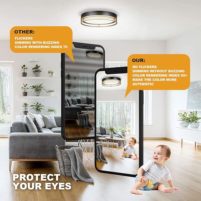 12.5 Inch LED Flush Mount Ceiling Light Fixture, 26W, Super Bright 1700 Lumens, 3 Color 3000K/4000K/5000K, Dimmable Ceiling Lamp for Bedroom Hallway Bathroom Kitchen Laundry (Black Gold)