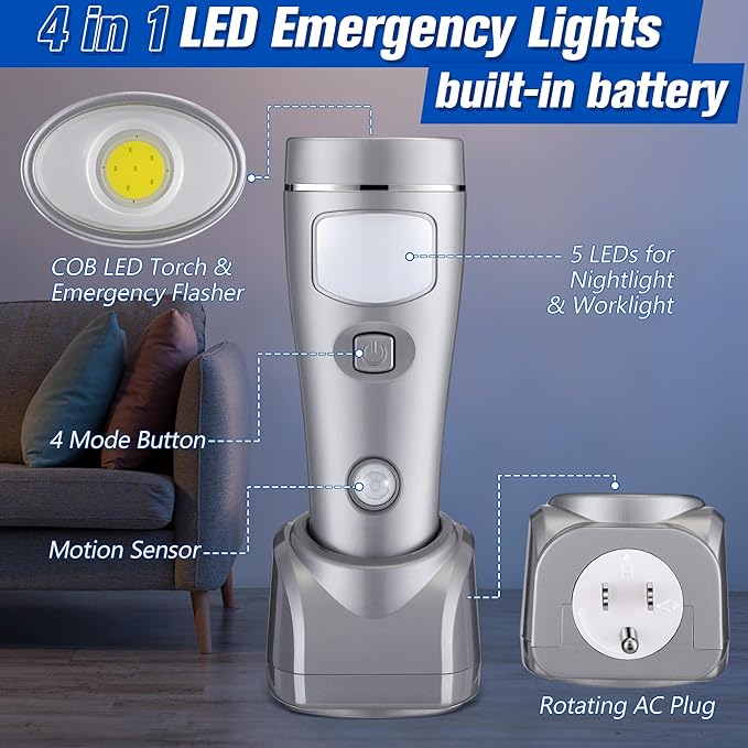Enhon 4 Pack 4 in 1 LED Emergency Lights for Home Power Failure, Rechargeable Plug in Flashlight Motion Sensor Night Light, Automatic Turn On Power Outage Light for Home Hurricane Supplies (Silver)