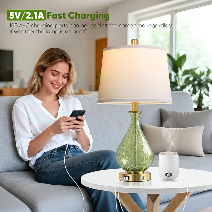 QiMH Green Glass Table Lamps for Living Room, Bedside Lamps Set of 2 with USB A+C Charging Ports, 3 Way Dimmable Touch Lamps for Nightstand, 22.5" Modern Table Lamp for Bedroom, Gold(Bulb Included)
