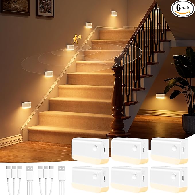 NIORSUN Motion Sensor Stair Lights Indoor, 6 Pack Rechargeable Wireless Step Lights with 3 Color Temperatures, 1200mAh Battery, Magnetic Base for Hallway, Closet, Bathroom, White