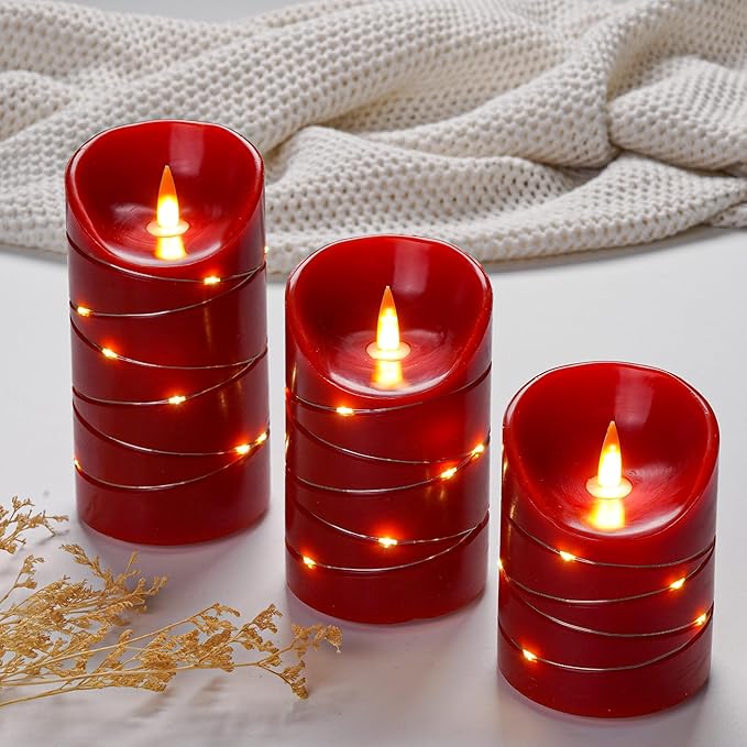Red Rechargeable LED Flameless Candles 3-Piece Set (4/5/6 Inches) - Real Wax with String Lights, Remote Control & Timer, Safe Realistic Flames for Christmas/Halloween Holiday Home Decorations