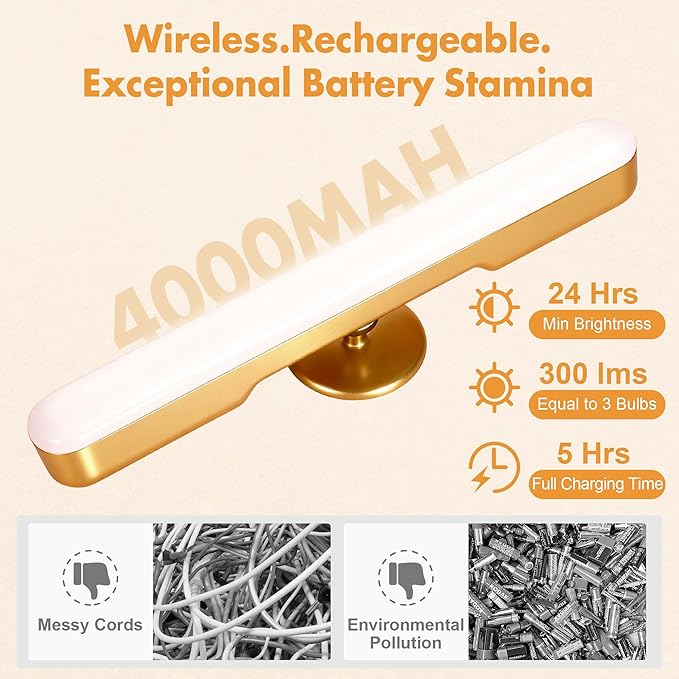 Set of 2 Wireless Vanity Makeup Lights for Mirror, Rechargeable LED Stick On Light Bar for Bathroom Mirror with Dimmable 3 CCT, Long Battery Life Cordless Light for Vanity Desk(Gold)