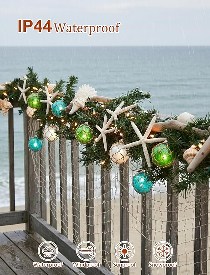 8.5Ft Nautical Fishing Float String Lights, Plug in Beach Themed Buoy Lights Set of 10 LED Tiki Bar Lights Indoor Home Decor and Outdoor Patio Decorations-Blue/Green/White