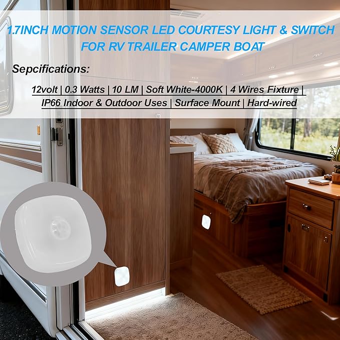 Dream lighting LED Motion Sensor Light and Switch Combo for RV Marine Boat, 1.7inch Waterproof Aisle Light Stairway Courtesy Light, 4000K Soft White Lighting, 12 Volt 0.3 watt, 10 lumes (1 Light)