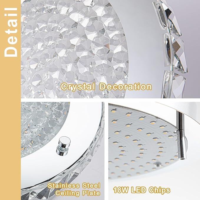 Crystal Ceiling Light Flush Mount Light Fixture Modern LED Ceiling Lamp for Foyer, Bedroom, Bathroom, Closet, Dimmable, 11 Inch, 18W