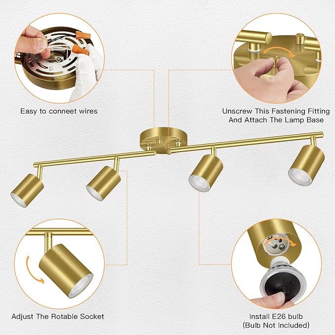 BoostArea Gold LED 4 Light Track Lighting Kit, 4 Way Ceiling Spot Lighting, Flexibly Rotatable Light Head for Kitchen, Living Room, Bedroom, Bulb Not Included