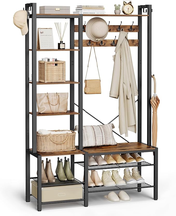 VASAGLE Hall Tree with Bench and Shoe Storage, Entryway Coat Rack with Shoe Bench, 5 Storage Shelves, 9 Coat Hooks, 6 Side Hooks, 15.7 x 47.2 x 74.8 Inches, Rustic Brown and Ink Black UHSR426B01