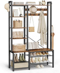 VASAGLE Hall Tree with Bench and Shoe Storage, Entryway Coat Rack with Shoe Bench, 5 Storage Shelves, 9 Coat Hooks, 6 Side Hooks, 15.7 x 47.2 x 74.8 Inches, Rustic Brown and Ink Black UHSR426B01