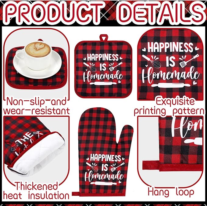 Fourluoo 10 Pcs Farmhouse Kitchen Decor and Accessories Set 4 Kitchen Towels 2 Pot Holders 2 Oven Mitts 2 Rugs for Cooking Baking Mom Housewarming Gifts(Red White,Classic Style)