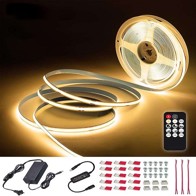50ft 3000K DC 24V COB LED Strip Light ETL Listed, 0-100％ Brightness Dimmable Bright Warm White Led COB Strip Light, Led Strip Light for Stair, Cabinet, Room(Include AD/DC Adapter and Remote)