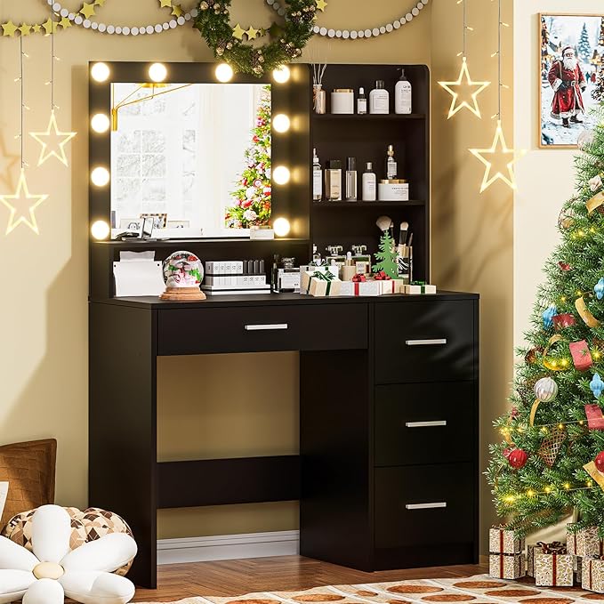 Vanity Desk with Lighted Mirror, Black Vanity with 4 Drawers,Makeup Vanity with Storage Shelves and Power Outlet,10 Lights with 3 Color Modes Brightness Adjustable for Girls’ Bedroom (Black)
