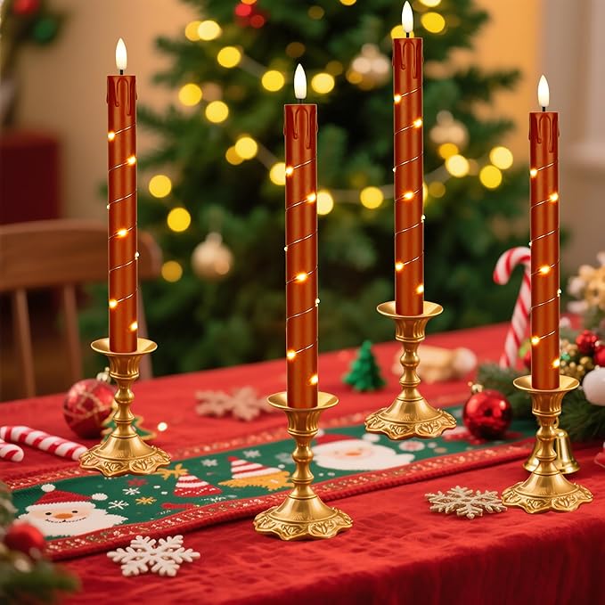 Flameless Taper Candles with Remote for Romantic Decorations，3D Flickering Flame Battery Operated LED Candles Arounded with Starlight String for Home Decoration, Pack of 6, Reddish Brown