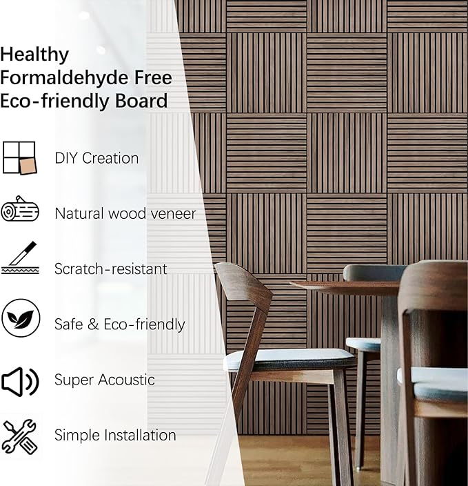 Wood Slat Wall Panel - 4 PCS Walnut Wood Panels for Wall, Natural Wood Veneer Acoustic Slat Wood Wall Panels - Wood Slats for Wall Soundproof Wood Panels 23.6" W x 23.6" L