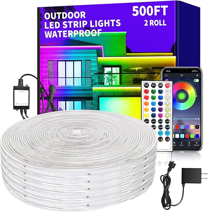500Ft Outdoor Waterproof LED Strip Lights,Music Sync RGB Led Lights with App/Remote Control,Color Changing Waterproof RGB Exterior Rope Self Adhesive Back,Balcony,Garden（2 Rolls of 250ft ）