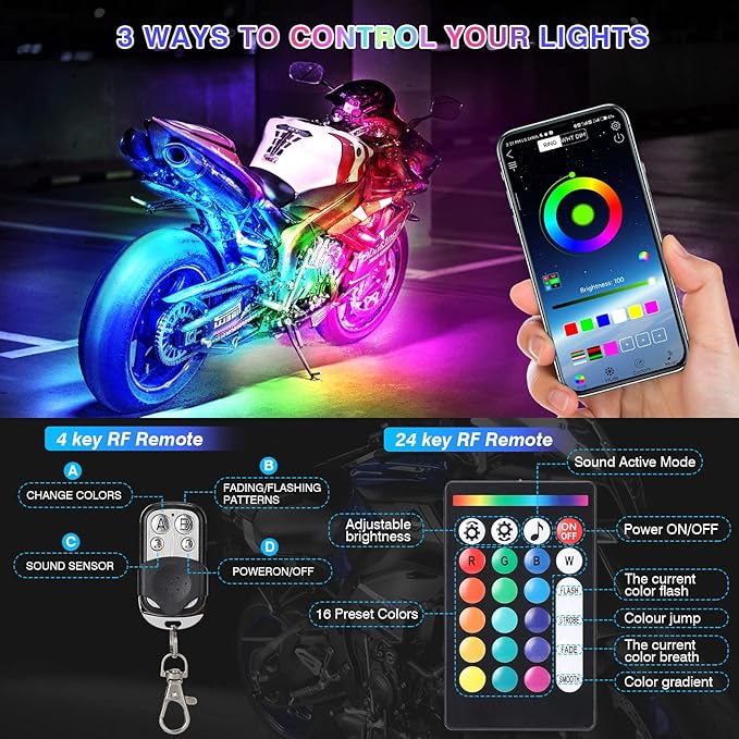 8Pcs Motorcycle RGB LED Strip Lights Kit for Harley Davidson Kawasaki Suzuki Yamaha Golf Cart, 12V Waterproof Multicolor Motorcycle Underglow Neon Light Strip with APP/Remote Control & Brake Signal