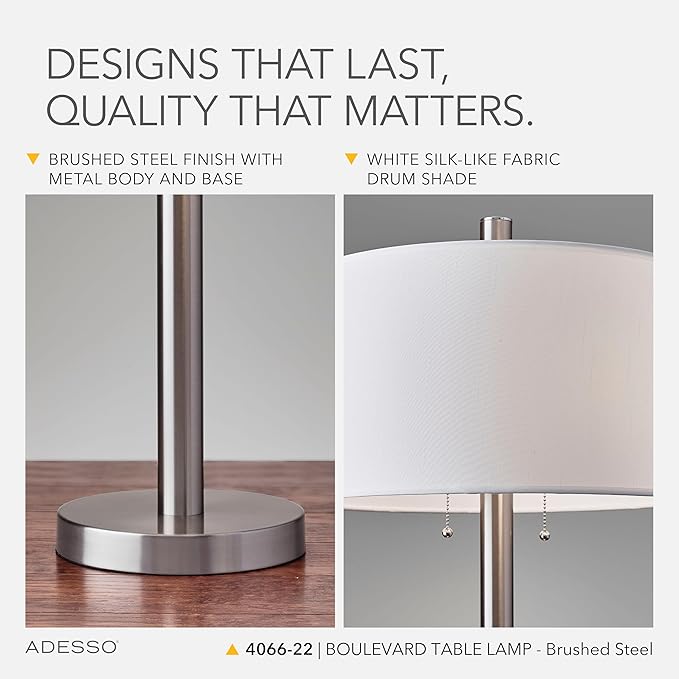Adesso Brushed Steel Table Lamp with White Fabric Shade – Dual Socket Pull Chain Accent Light for Bedroom, Living Room, or Home Office, 28” Tall