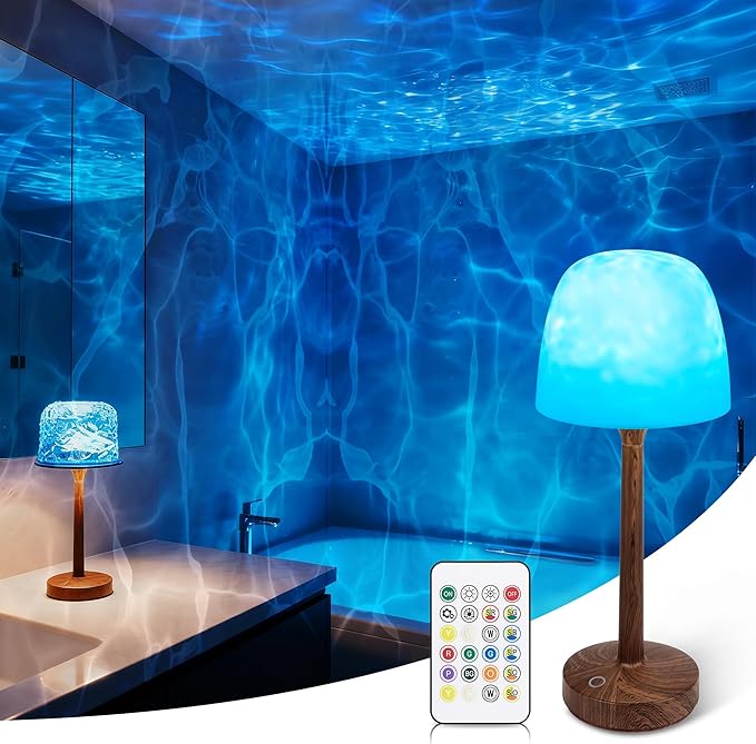 Waterproof Shower Lamp for Inside Shower, Rechargeable Bathroom Lamp with Remote & Touch Control, Cordless Shower Light with 16 Color Changeable, LED Ocean Wave Projector Light for Spa, Walnut Wood