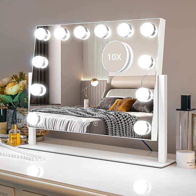 Kottova Vanity Mirror with Lights,15.7"x11.8"LED Makeup Mirror, Lighted Makeup Mirror with 10X Spot Mirror,Smart Touch 3 Colors Dimmable,360° Rotation,for Vanity Desk Tabletop,Plug in(White)