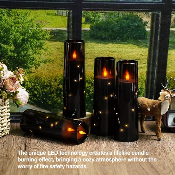 Flameless Candles with Embedded Star String, Battery Operated LED Pillar Candles with Timer and Remote Control,Home Decorating for Ambiance， Set of 7(Black)