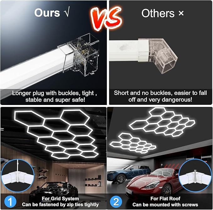MODERN 14 Hexagon LED Garage Light 6500K, 61560 Lumens, Honeycomb Design, 14-Grid System, Octagon Shop Light for Workshop, Gym, Warehouse & Car Wash (White, 57-Pack)