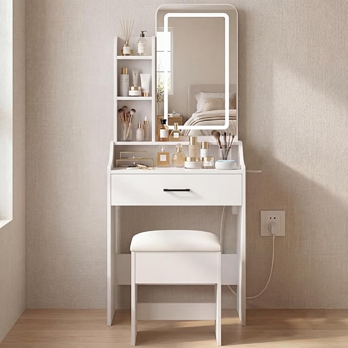 DUMOS Makeup Vanity Desk, Vanity Table Set with Mirror and Lights, Small Vanity with Storage Bench, Charging Station and Hair Dryer Holder, Dressing Table with Drawer and Three Shelves, White