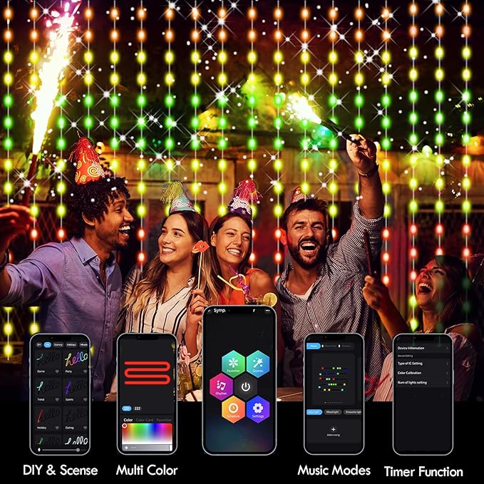Smart Curtain Lights RGB Color Changing Christmas Curtain Lights, USB Powered with Remote/APP Control Curtain String Lights Waterproof for Backdrop,Bedroom,Window,Patio,Wedding,Decoration (8Ft x 6Ft)