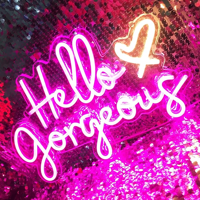 Hello Gorgeous Neon Sign Pink LED Neon Lights for Home Wedding Birthday Backdrop Bacelorette Party Wth Dimmable Switch(5V, 16.5"*11")