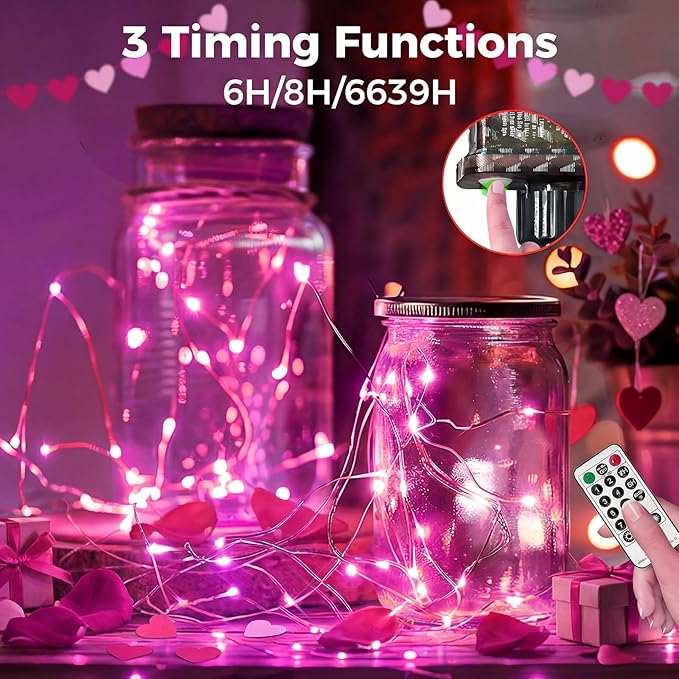btfarm Fairy Lights Plug in with Remote, 33FT 100 LED Outdoor Twinkle Lights Waterproof with Timer, 8 Modes Indoor String Lights for Bedroom Patio Garden Wedding Christmas Decoration, Pink