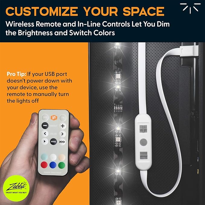 Power Practical LED Strip Lights Backlight, USB Light Strips w/Remote for 15 Ambient Color Bias Lighting Options & 10 Brightness Modes, for TV/Computer Decor/Indoor Use, Size (60"-80" TV)