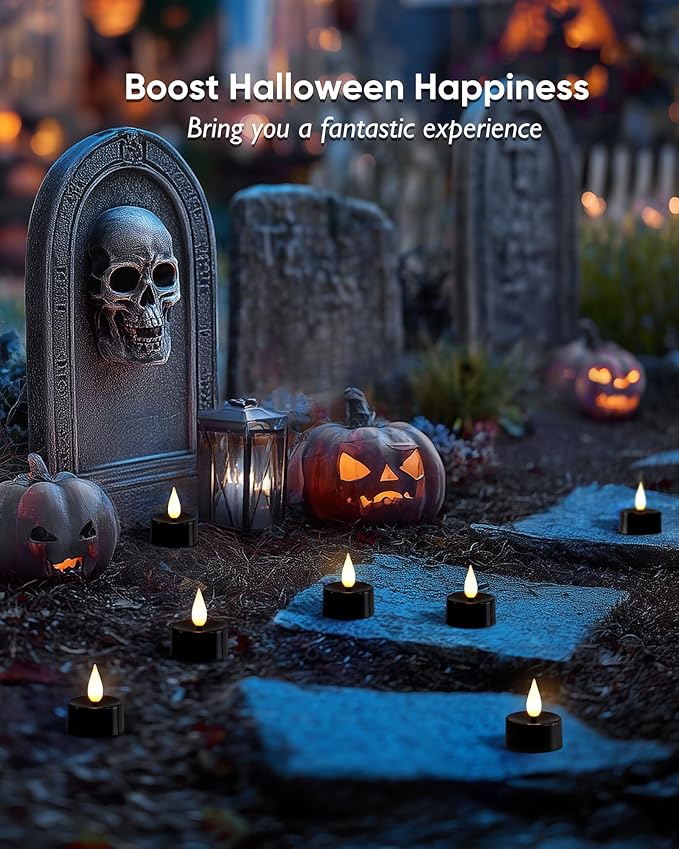 Amagic Flameless Black Timer Remote Tealights Candles, 3D Black Wick Flickering Tea Lights, 300+Hour Colored Votive Candles Battery Operated, Set of 12 for Table Decorations, Pumpkin, Halloween, Party