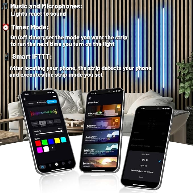 Lichaser RGB Black Smart Recessed Lighting for Acoustic Panel, 6 Pcs WiFi LED Strip Light for Wood Slat Wall Panel Compatible with Alexa, Self-Adhesive Smart LED for Slat Wall (2*24+2*16+2*13 in)