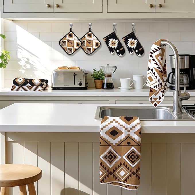 8 Pcs Western Aztec Kitchen Decor Accessories Set Farmhouse Towels Pot Holders Oven Mitts Set 4 Dish Towels 2 Potholders 2 Cooking Mittens Oven Glove for Home Baking Cooking Supply(Brown,Kitchen)
