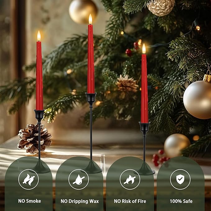 Red Flameless Taper Candles with Timer, 2 Pack Christmas Battery Operated Taper Candles, Flickering Realistic LED Candlesticks for Xmas Decor, Wedding, Party