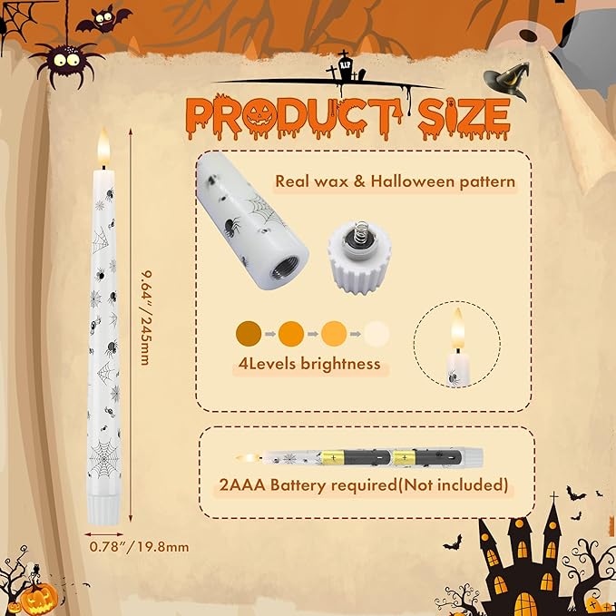 Halloween Candles with Spider Web, Spider, 9.6”Real Wax Flameless Taper Candles with Remote & Timer, 3 Pack Battery Operated Halloween Led Candlesticks for Party Home Decor